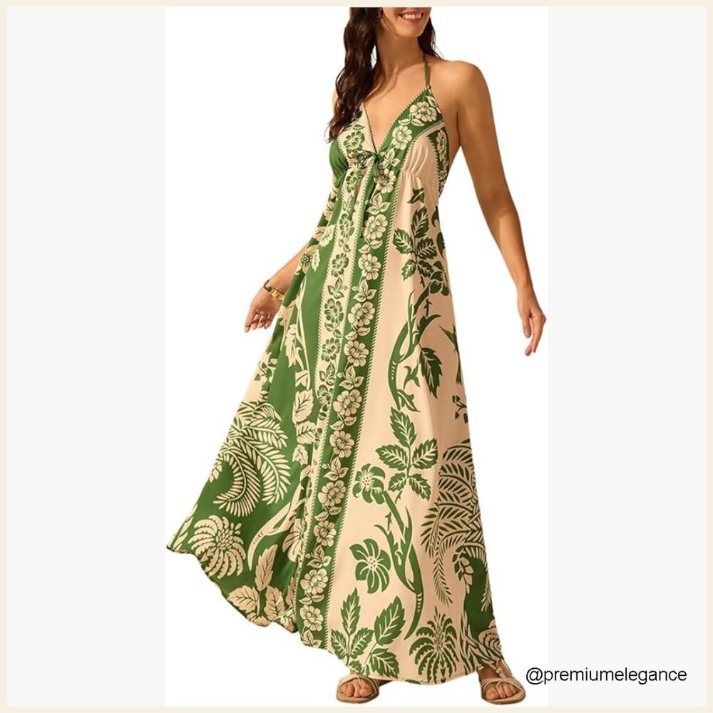 Summer Maxi Dress Halter Backless Flowy Boho Casual Wear